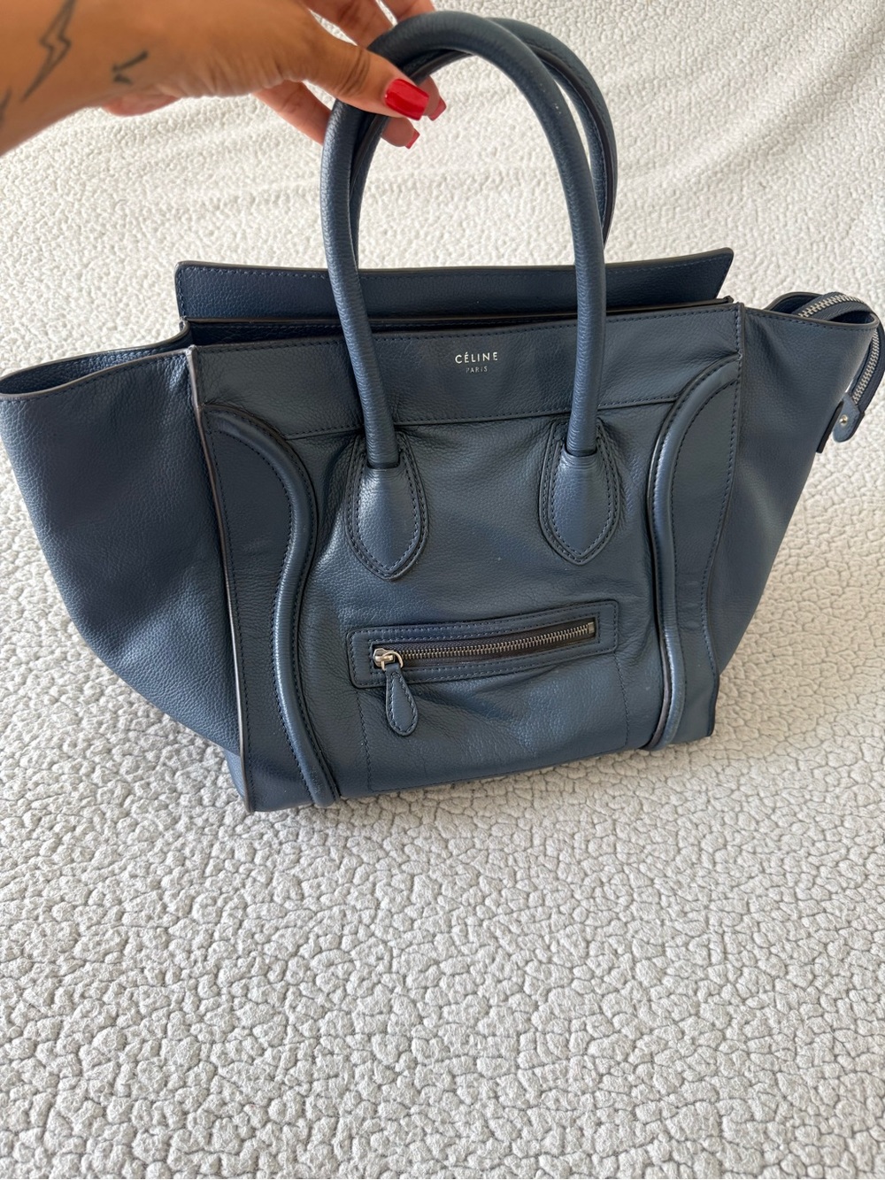 Celine Luggage Tote Blue Pebbled Leather Top Handle Bag - Picture 10 of 15